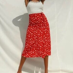 Rouje Paris Gloria Red & White Floral Wrap Midi Skirt with Slit 36 French Girl